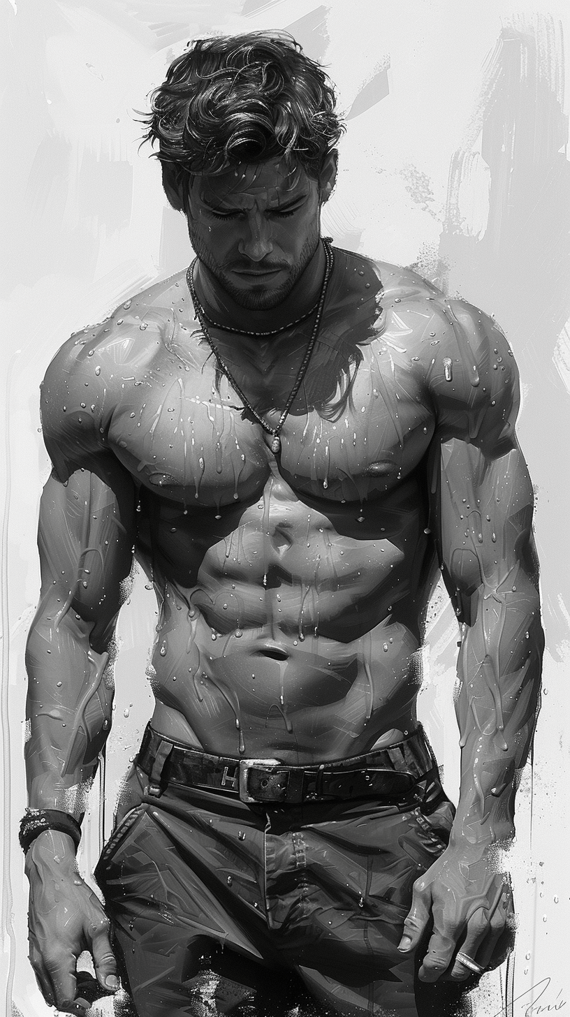 Black and white digital painting of a muscular man with water droplets on his body, looking downward. He has curly hair, a light stubble, and wears a necklace and low-slung belt.